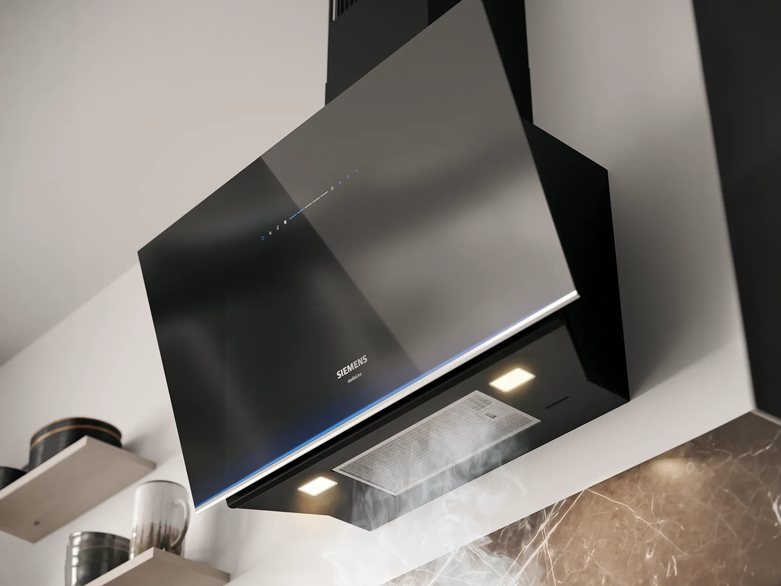 Una moderna cappa di aspirazione nera Siemens studioLine con illuminazione d'accento blu e luci di lavoro intense, in funzione per aspirare il vapore.