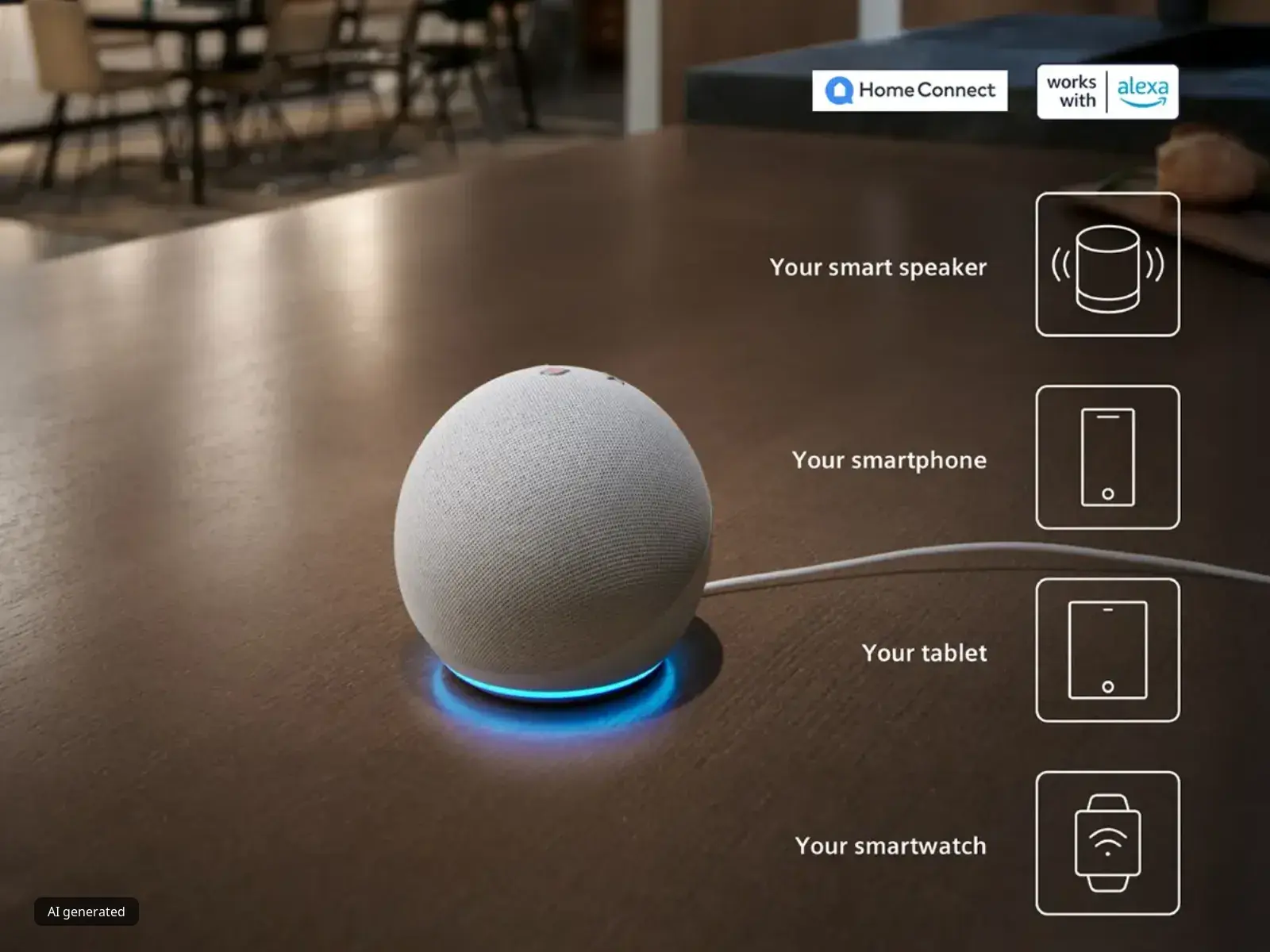 Un altoparlante intelligente bianco con luce blu su un tavolo in legno, connesso tramite Home Connect e compatibile con Alexa, affiancato da icone di dispositivi intelligenti.