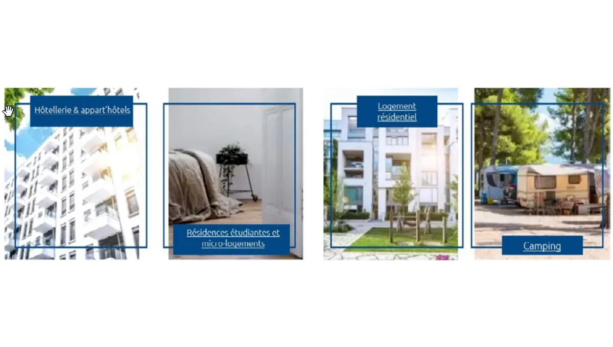 Visuel illustrant les différentes solutions : hôtellerie, camping, résidences services...