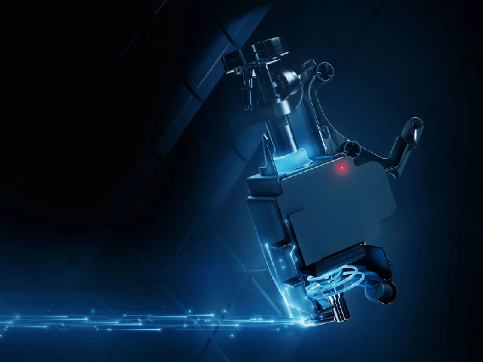 Futuristiska robota figūra veic akrobātisku triku pret tumšu, kvēlojošu fonu.
