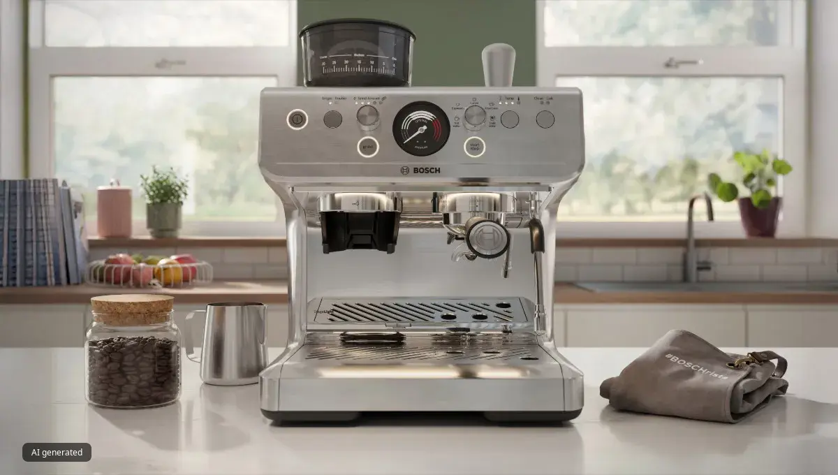 The Bosch HomeCafé Series 4 is seen from the front standing on a kitchen counter, with various accessories around it such as a jar with coffee beans, a milk pitcher and a cleaning cloth.
