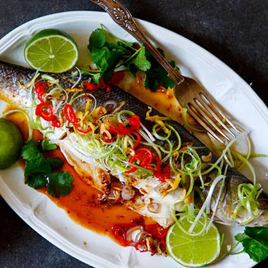 Cooking instruction of Grilled Sea bass with Thai Tom Yum herbs
