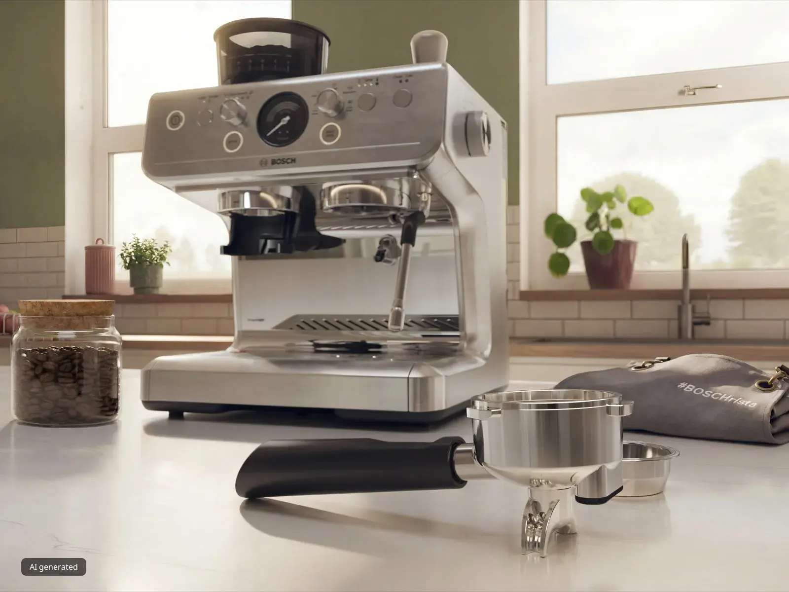Bosch HomeCafé Series 4 halfautomatische espressomachine, uitgestald op een wit keukenblad met een pot koffiebonen, portafilter, tamper en doek.