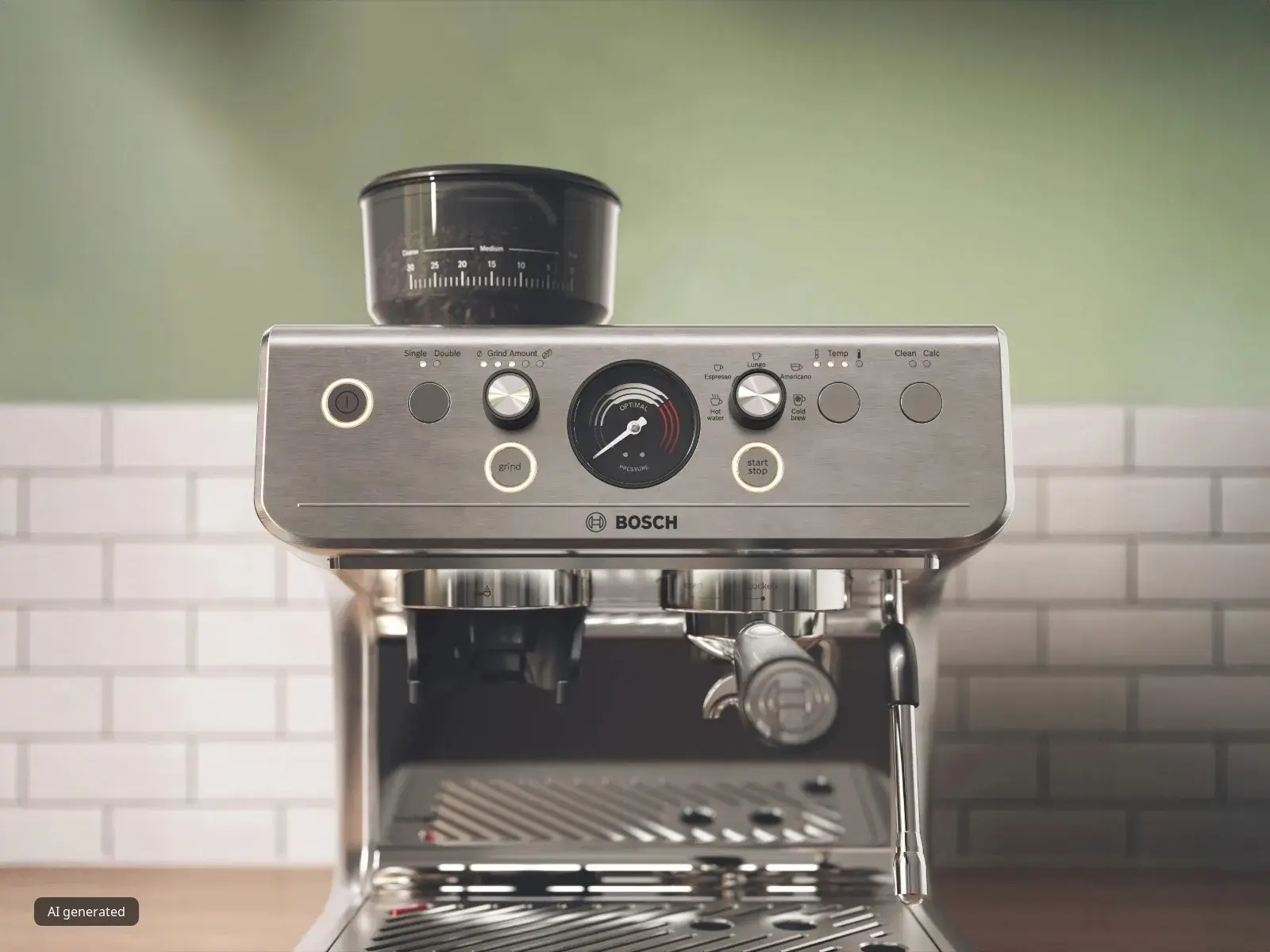 Shiny, silver Bosch semi-automatic espresso machine with integrated coffee grinder and pressure gauge on a wooden worktop. 