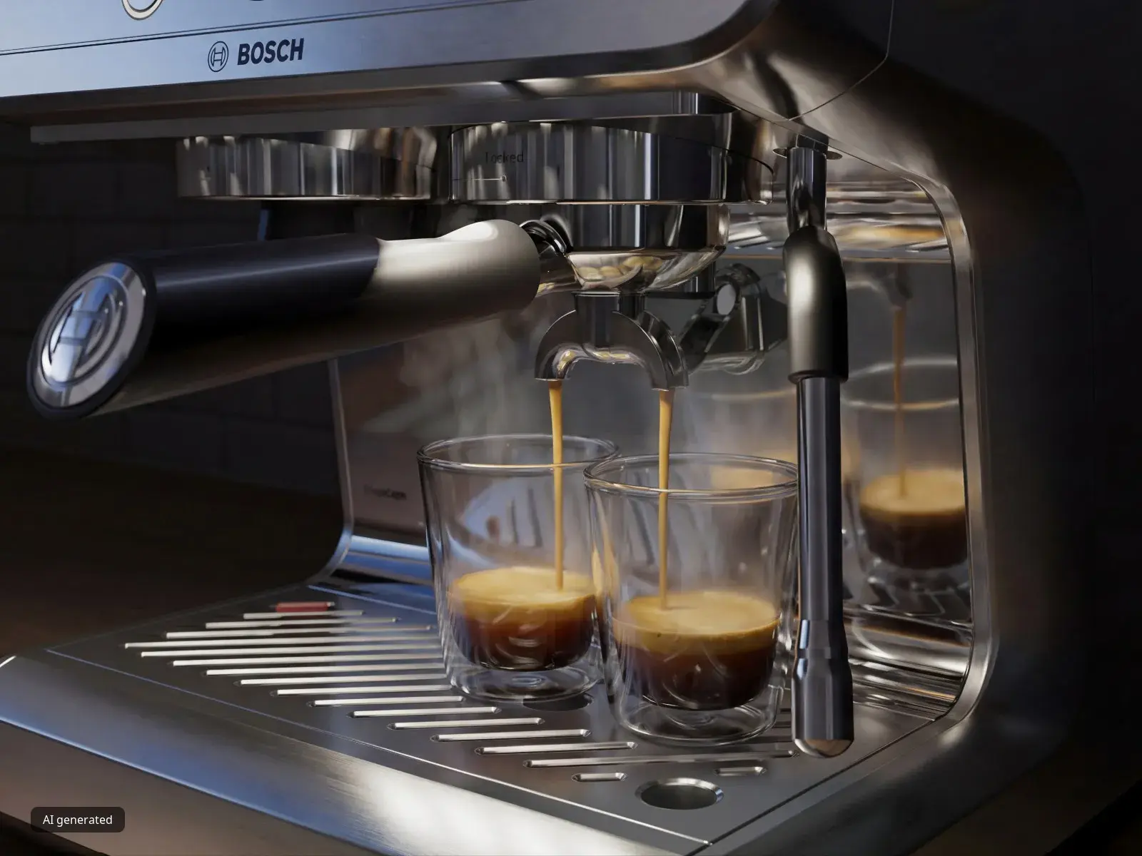 Espressomachine die twee kopjes rijke, volle espresso zet in glazen kopjes, geplaatst op een roestvrijstalen lekbak.