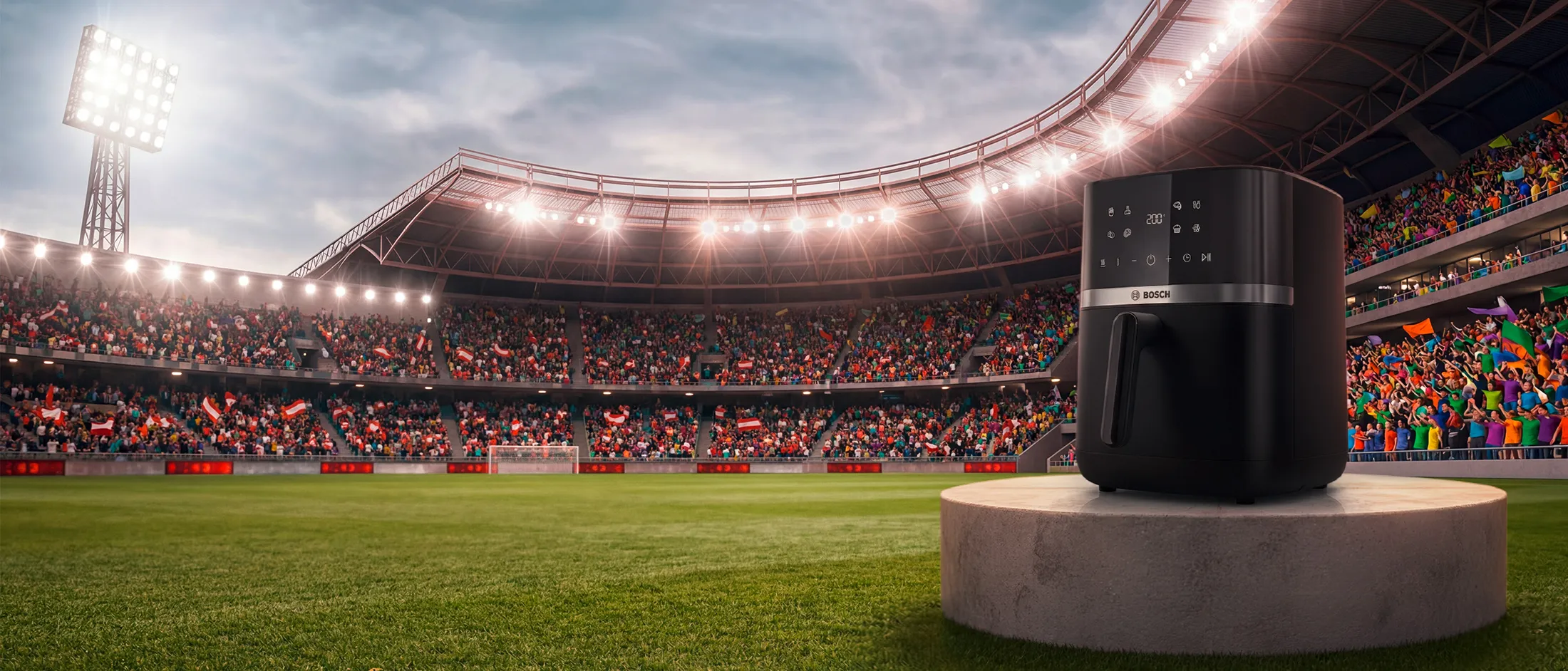 Bosch Air Fryer na fubalskom stadionu sa puno publike