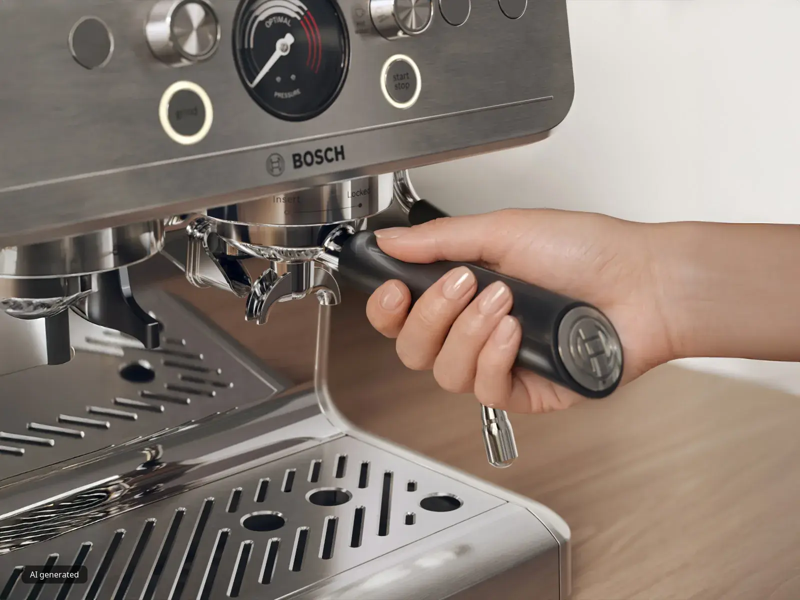 A hand places and locks the portafilter into the HomeCafé Series 4 semi-automatic esspresso machine.