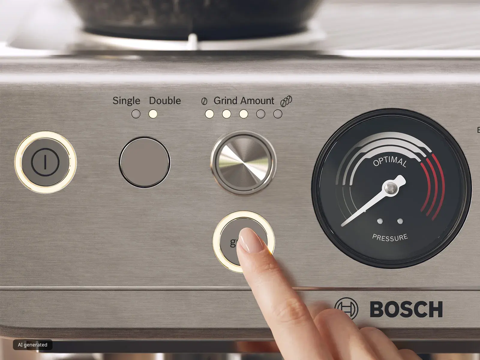 A finger presses the grind button on the HomeCafé Series 4 semi-automatic espresso machine.