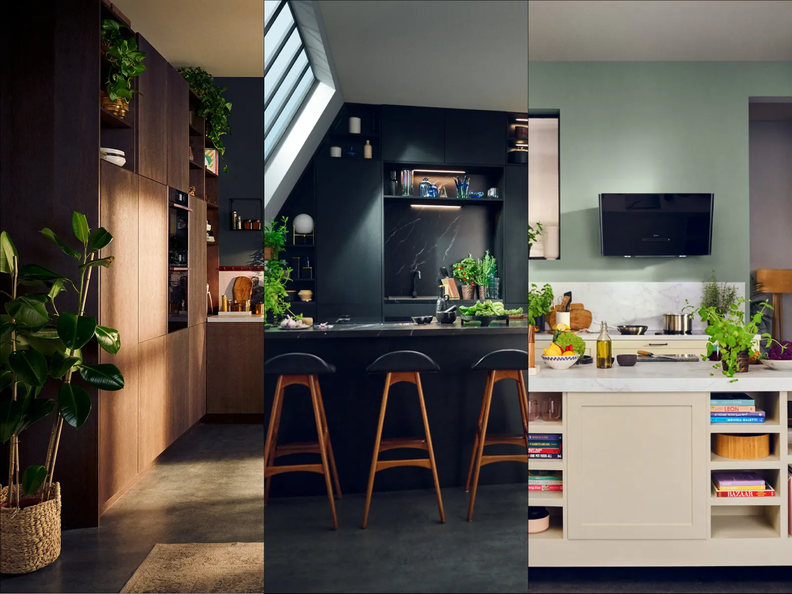 Modern kitchen with wooden cabinets, plants, and colorful decor elements.