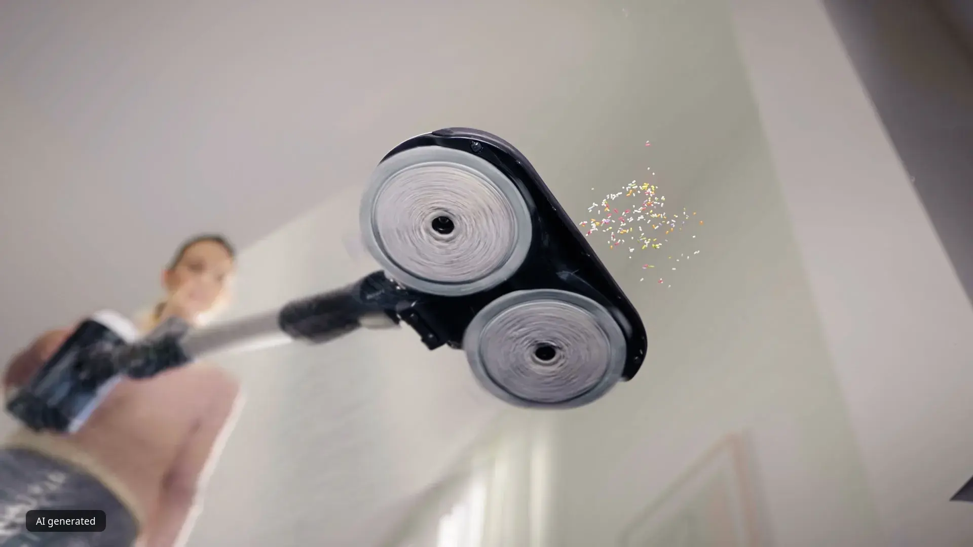 Persona usando un aspirador de mano moderno para limpiar una pared o un techo, con partículas de polvo visibles cerca de la boquilla.