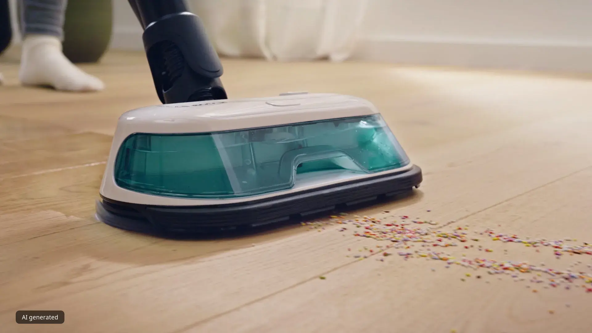 Aspirador con depósito transparente recogiendo virutas de colores de un suelo de madera.