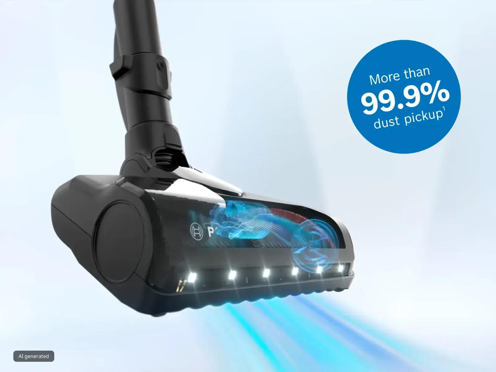 Aspirapolvere ad elevata potenza aspirante e rimozione della polvere superiore al 99,9%, su sfondo viola.