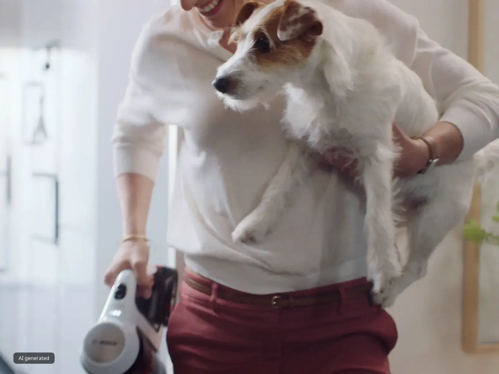 Persona che tiene in braccio un cagnolino bianco e marrone mentre regge un aspirapolvere portatile nell'altra mano.