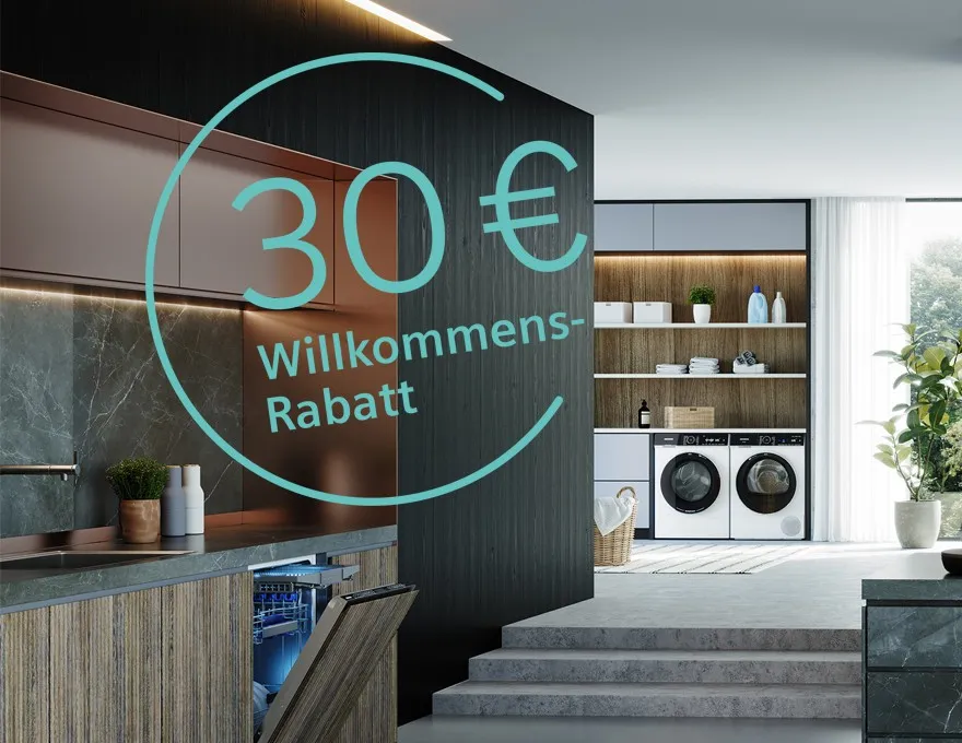 Stilvolle Siemens Hausgeräte auf einer Küchenarbeitsplatte mit Ambiente-Beleuchtung