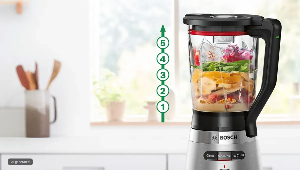 Blender with a variety of ingredients and superimposed numbers from 1 - 5 indicating the right order to fill the container with different ingredients.
