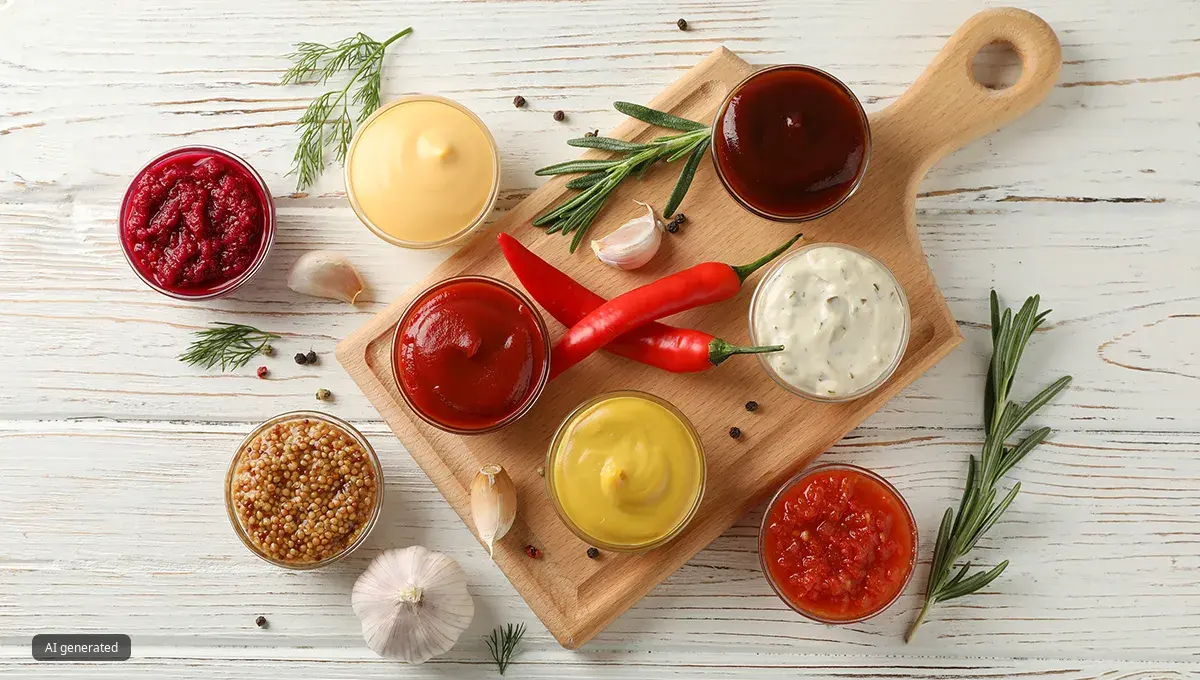 A selection of dips and sauces in small jars on a wooden chopping board.