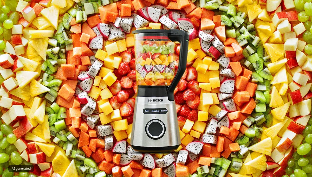 VitaPower Series 4 blender with chopped fruit and veg forming a multi-coloured circles around the appliances