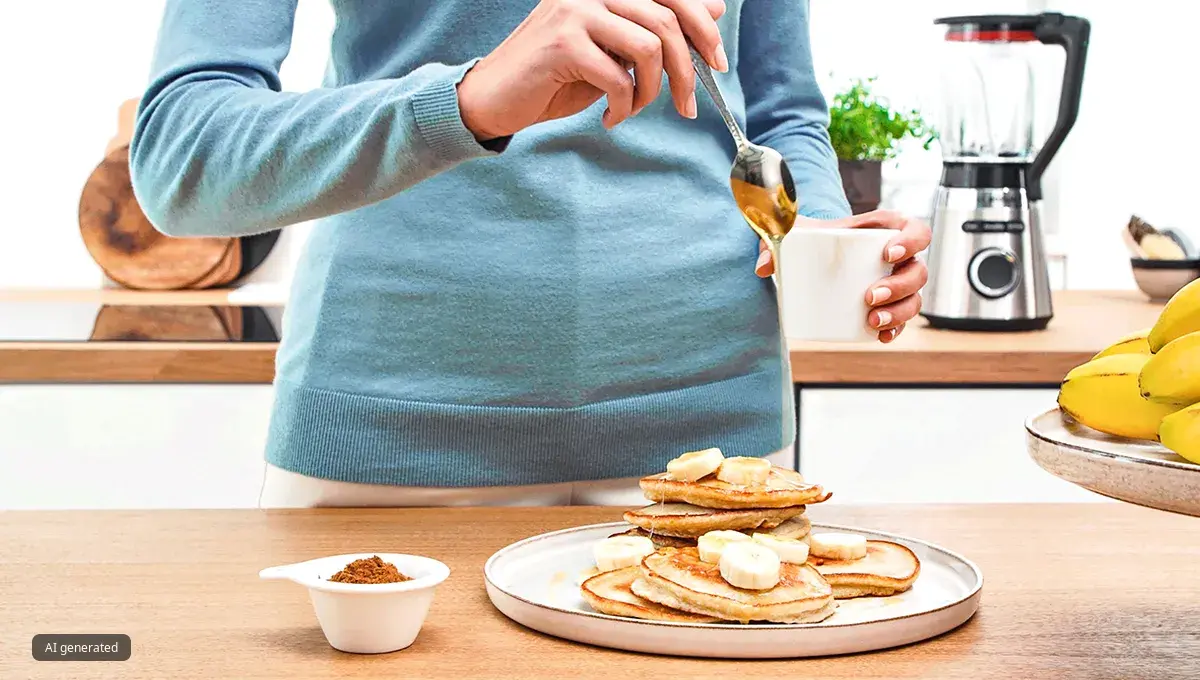 Woman preparing pancakes with bananas and sirup.