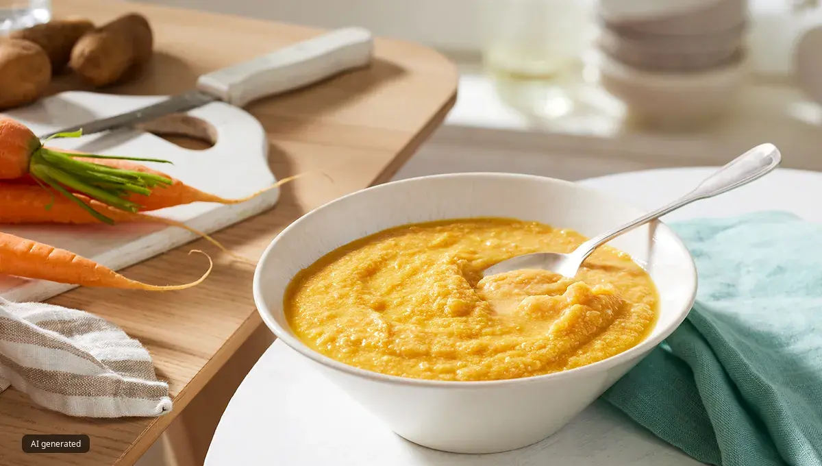 Carrot chicken puree in ceramic bowl with spoon next to chopping board with carrots.