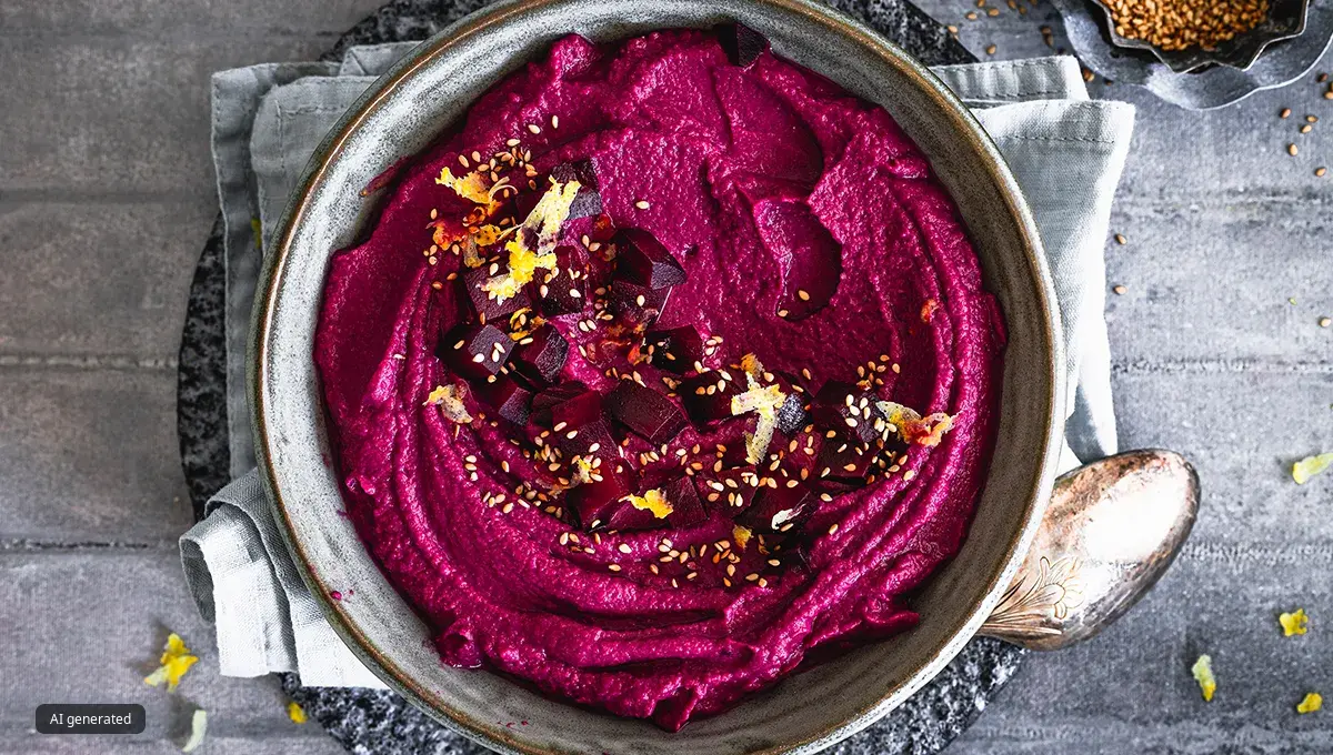 Beetroot hummus in a ceramic bowl shot from above.