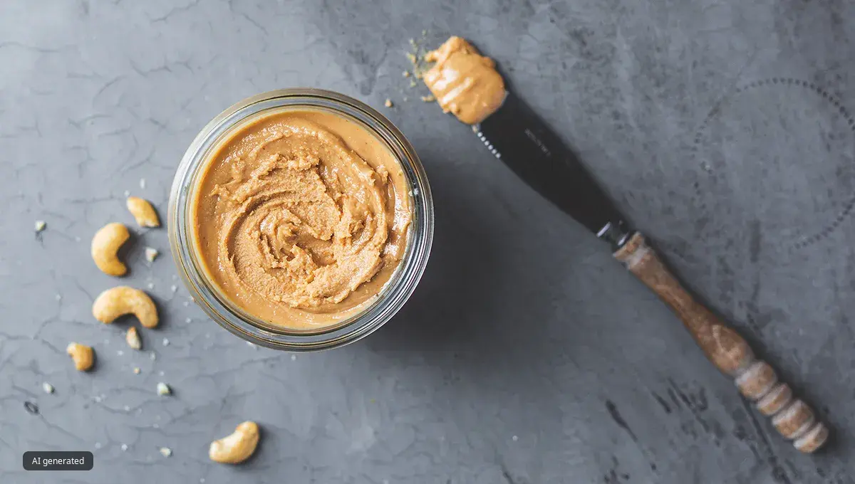 Cashew nut butter in glass jar next to cashew nuts and a knife.