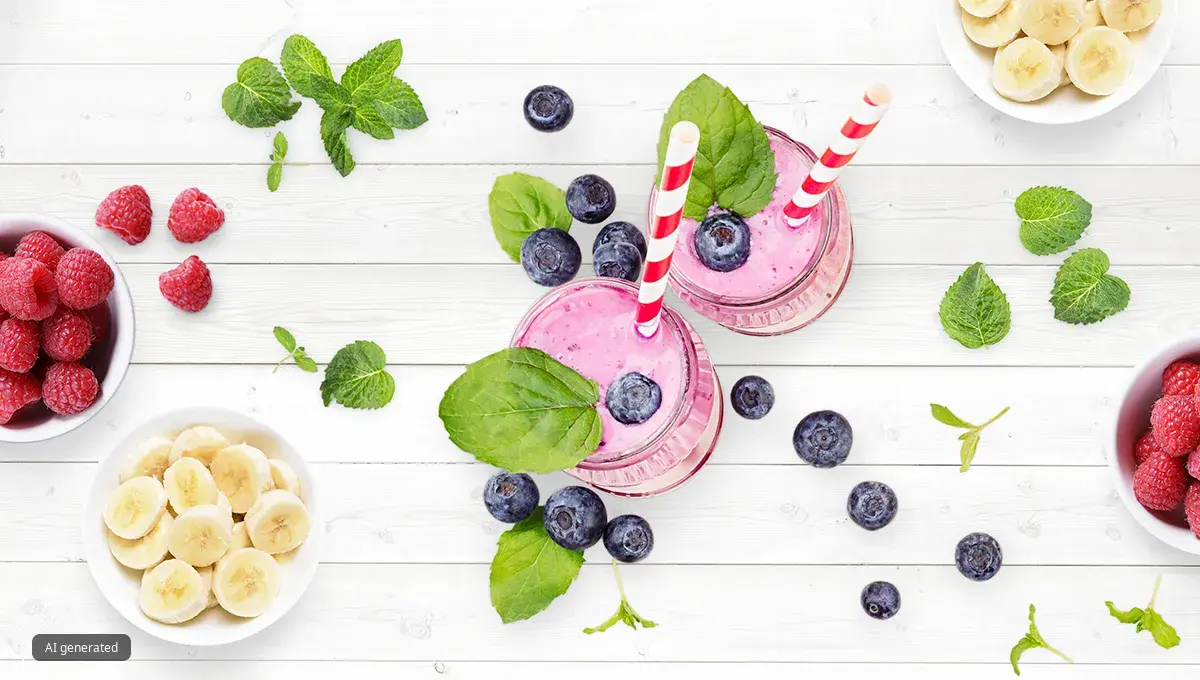 Raspberries and sliced bananas placed around two smoothies in glasses made from these ingredients with blueberries and mint scattered on the white surface.