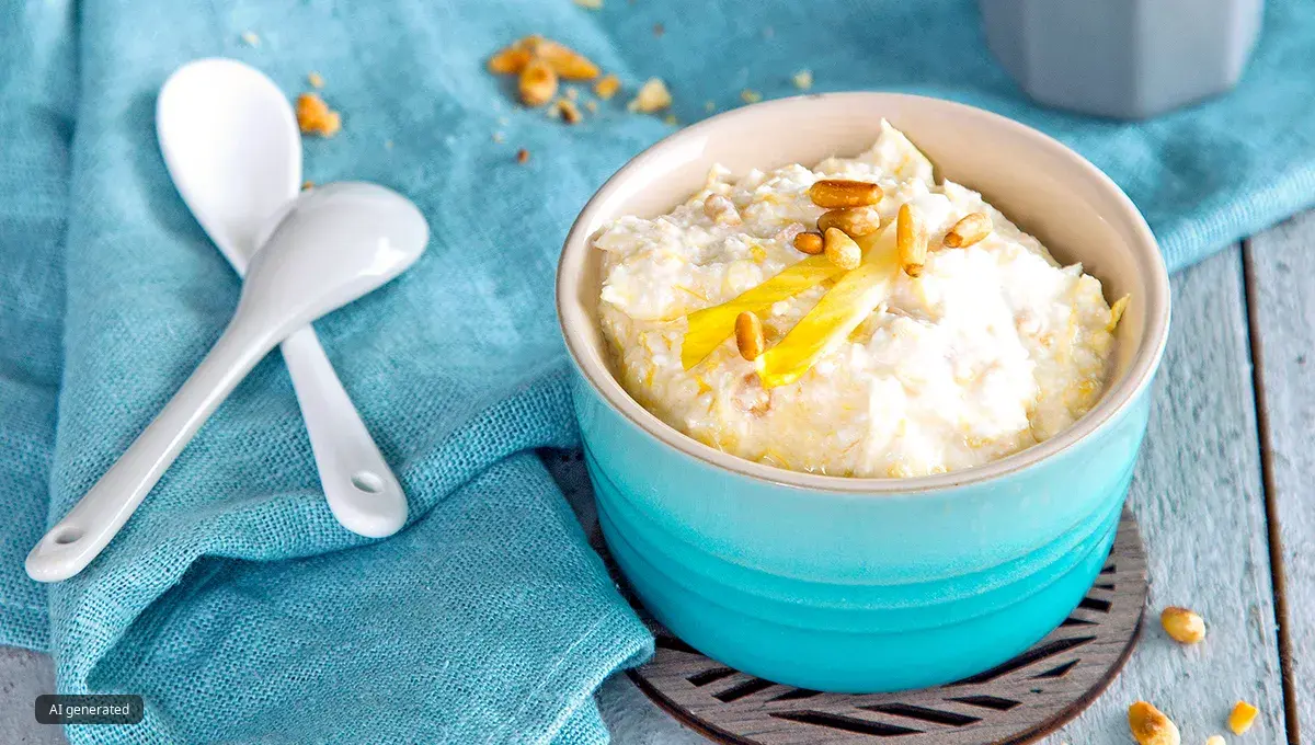 Cottage cheese in a bowl topped with pine nuts, next to two ceramic spoons.