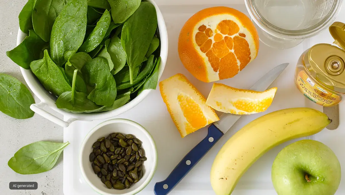 Orange, apple and banana next to a bowl of fresh spinach, seeds and honey shot from above.