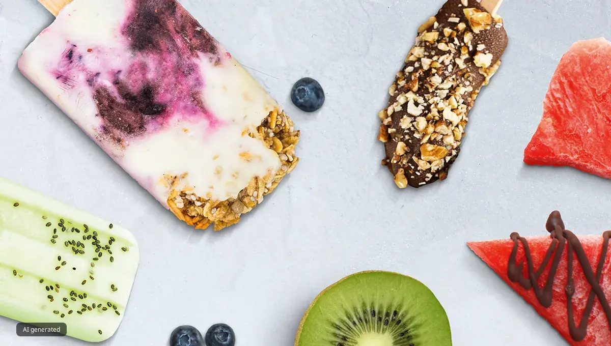 Ice lollies made from fruit next to pieces of kiwi, blueberries, watermelon and chocolate.