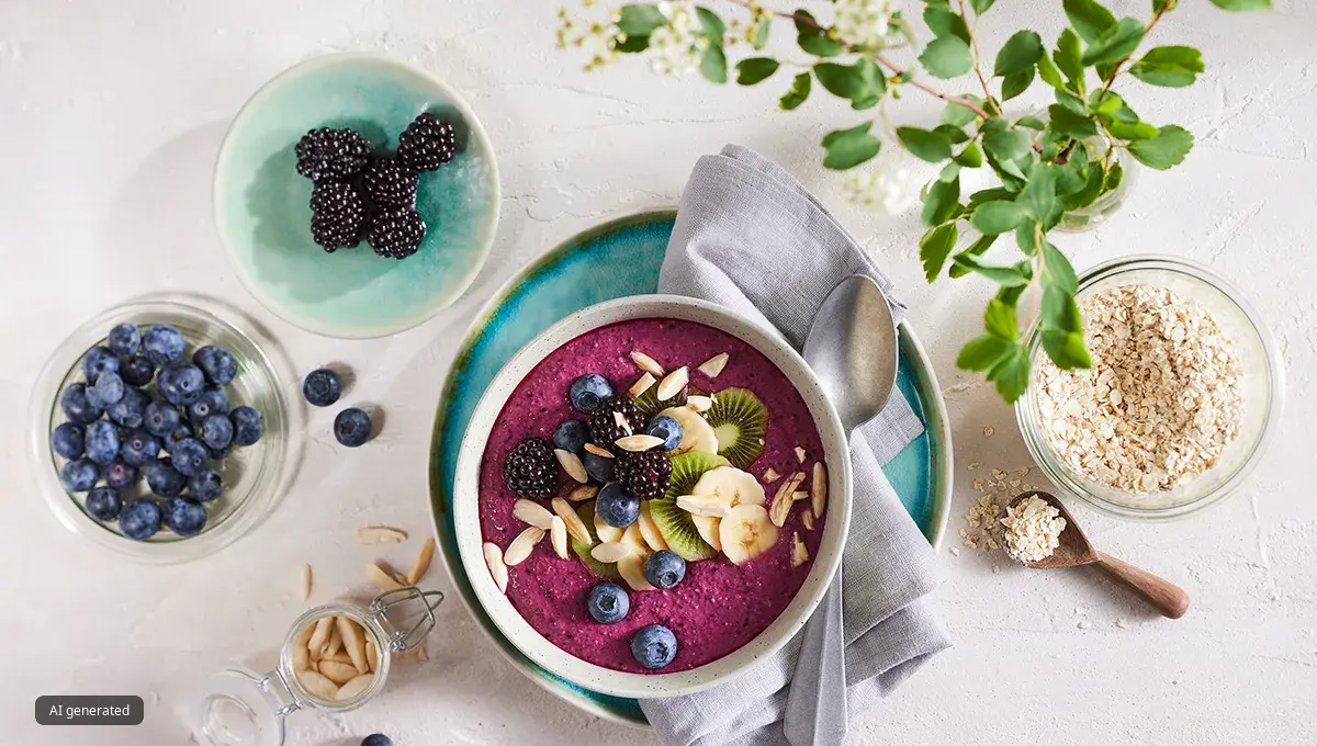 Purple smoothie bowl with various toppings and separate small bowls containing berries, pine nuts and seeds.