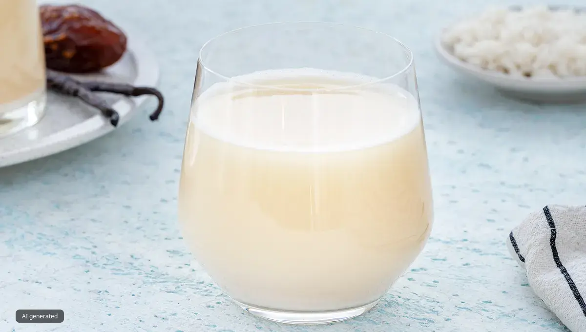 Almond milk in a glass next to vanilla pods and dates.