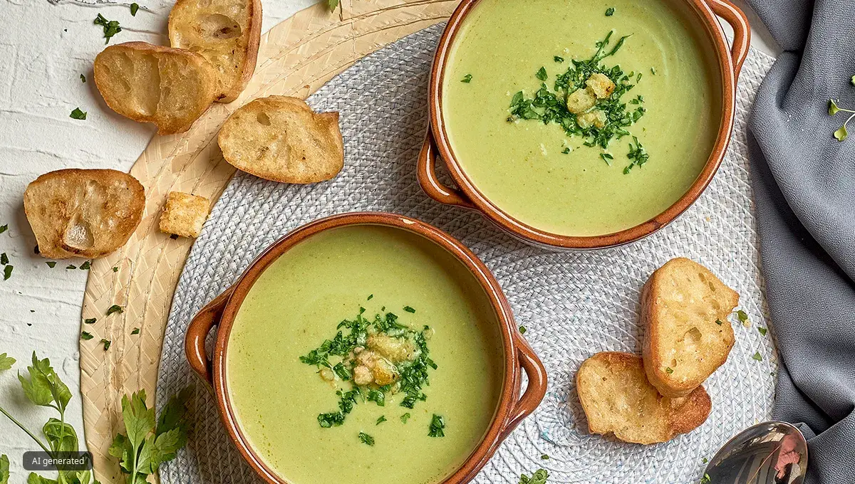 Broccoli soup in two bowls next to bread slices.