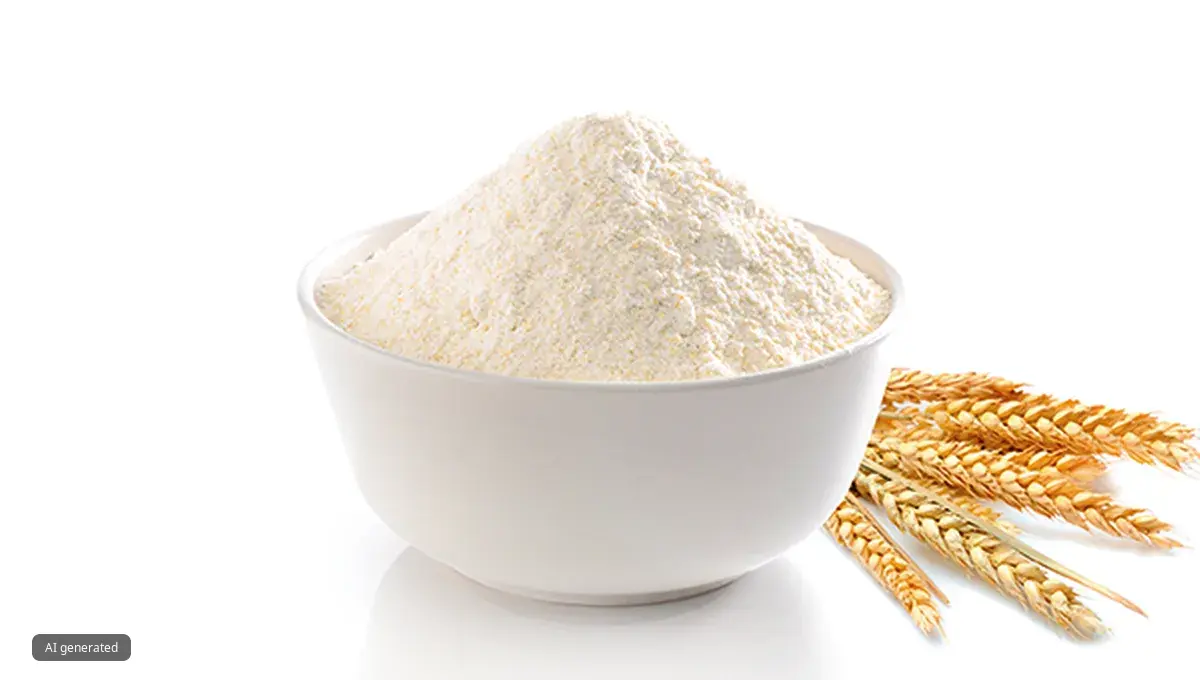 Ceramic bowl containing wheat flour, next to stalks of wheat.
