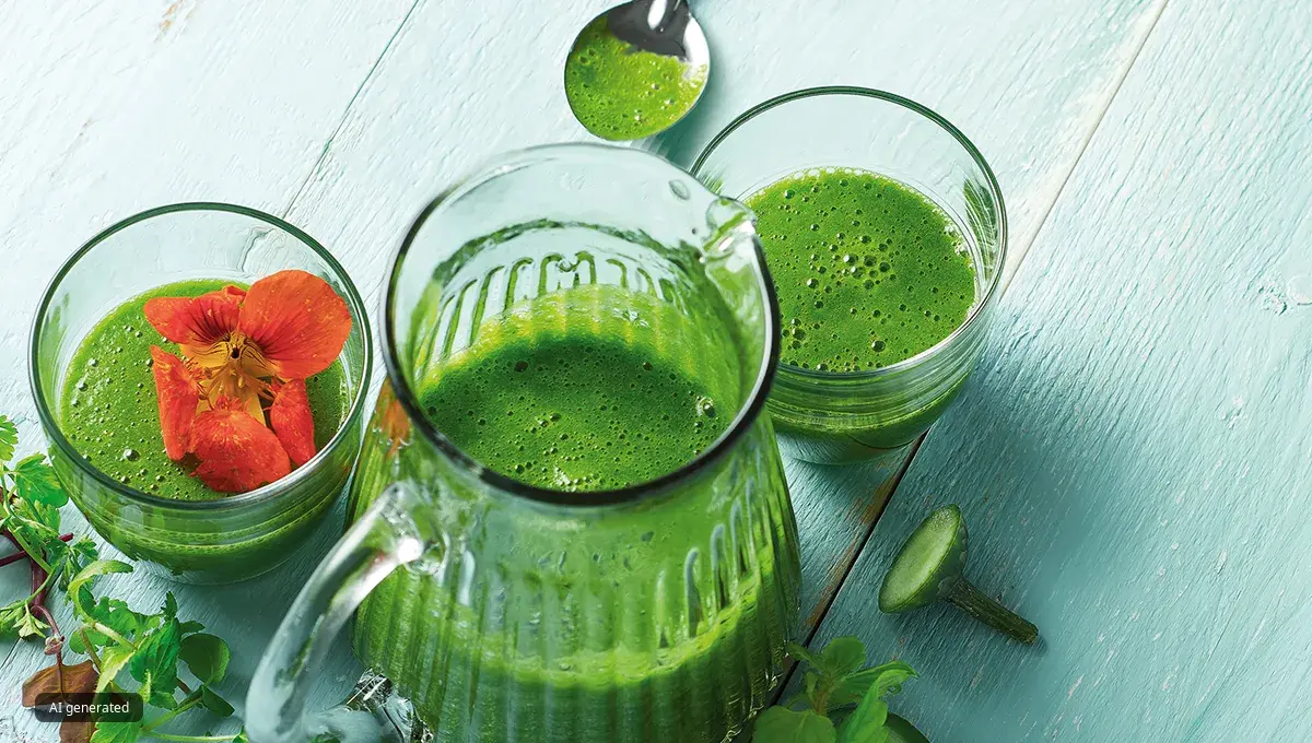 Green smoothies in glasses and edible flower garnish.