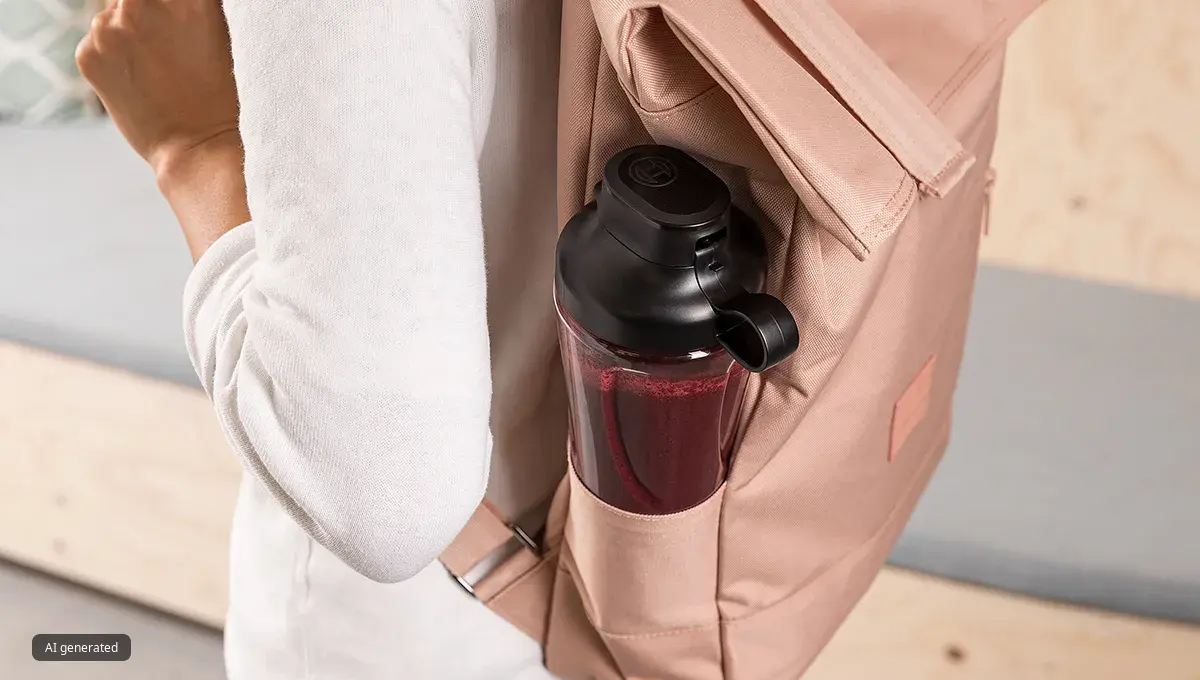 ToGo bottle containing smoothie in side pocket of backpack carried by a woman.