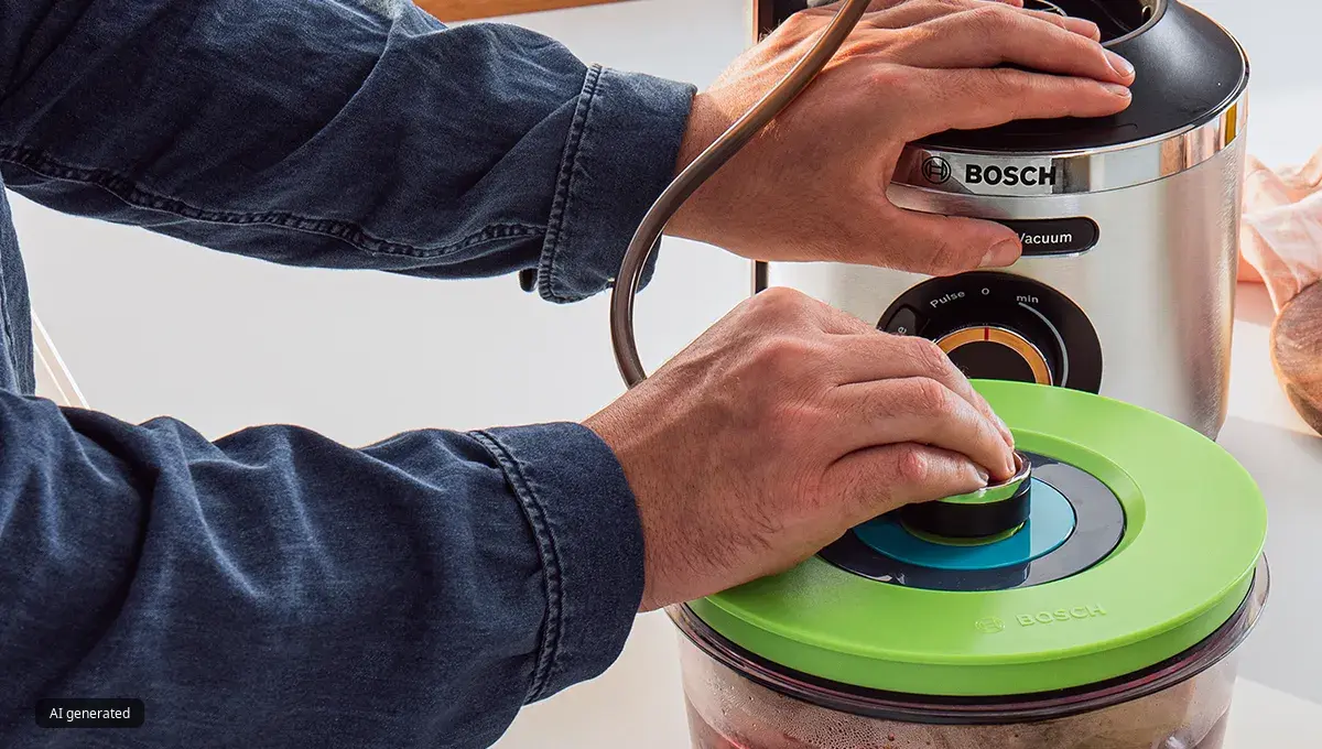 Person operating vacuum seal connected to blender.