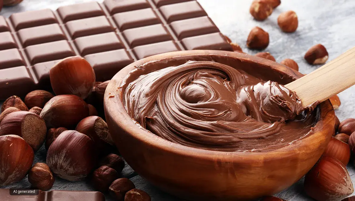 A bowl of hazelnut spread with a wooden spoon next to a bar of chocolate and scattered hazelnuts.