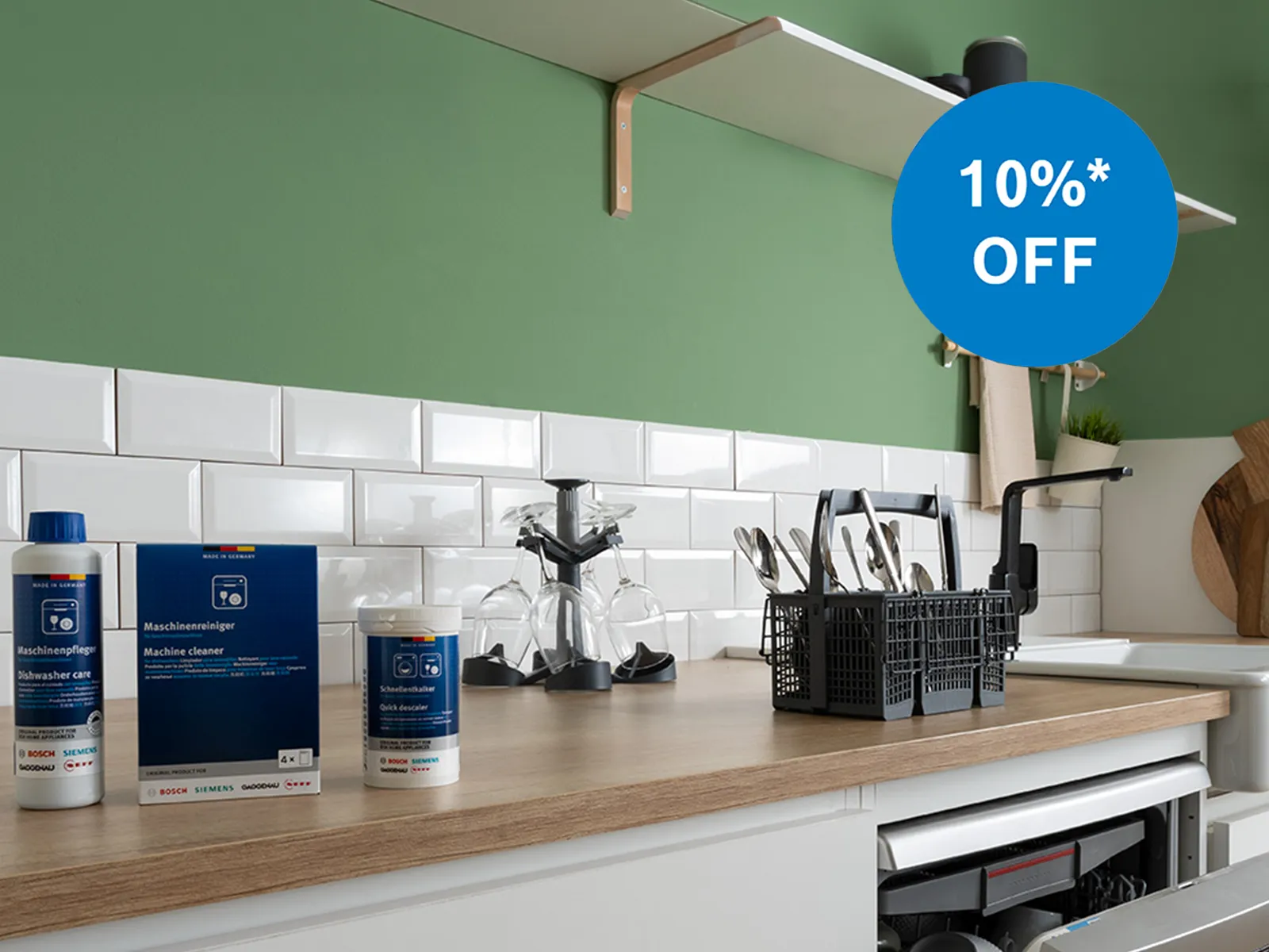 Bosch cleaning and care and accessory products on top of a kitchen counter