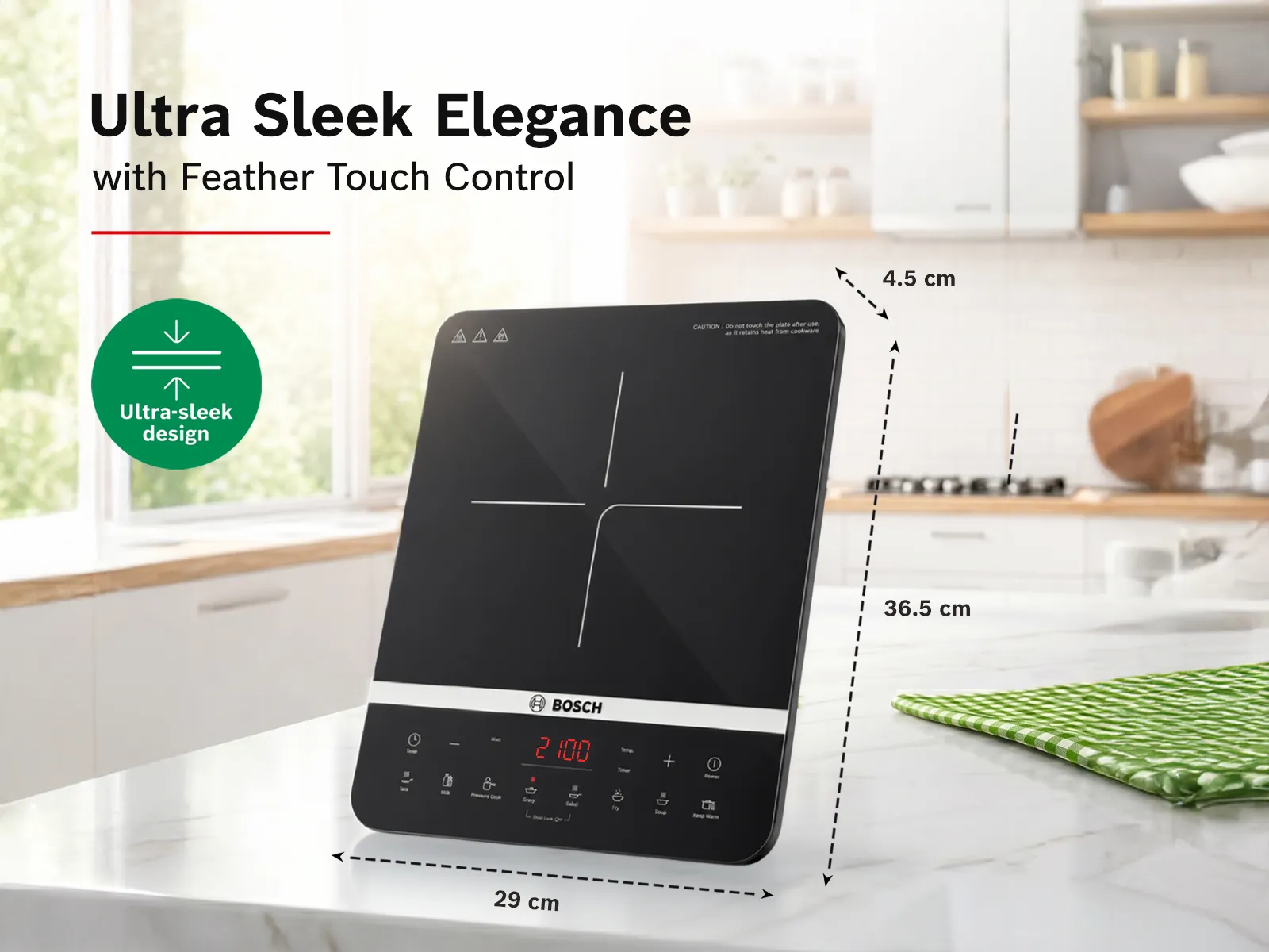 A sleek black Bosch induction cooktop standing upright on a kitchen counter showing its physical dimensions.