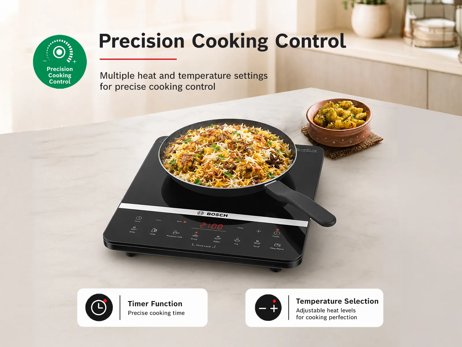 A pan of food cooking on a Bosch induction cooktop featuring precision cooking control options.