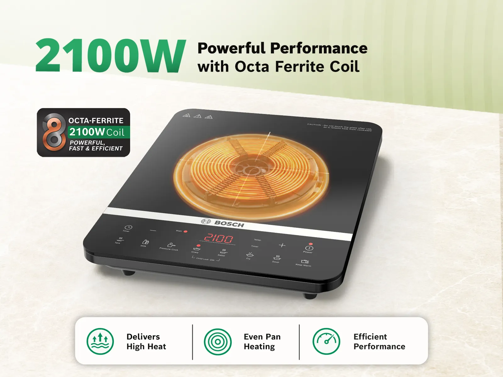 A Bosch induction cooktop showing an illuminated glowing Octa Ferrite Coil inside.
