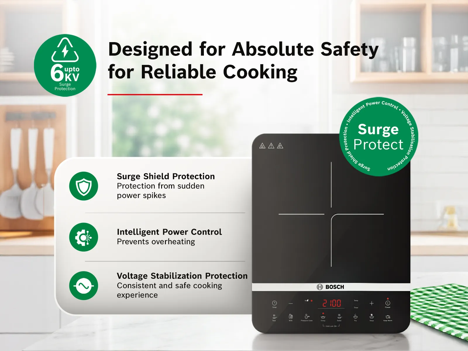 A black Bosch induction cooktop showcasing its built-in surge protection and absolute safety features.