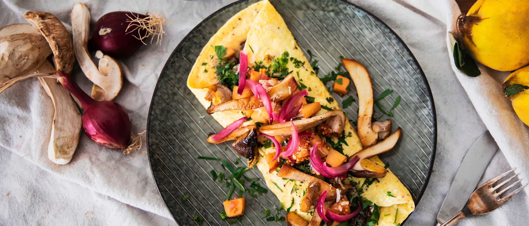 Omelette with mixed mushrooms and red onions on a plate, garnished with herbs and served.