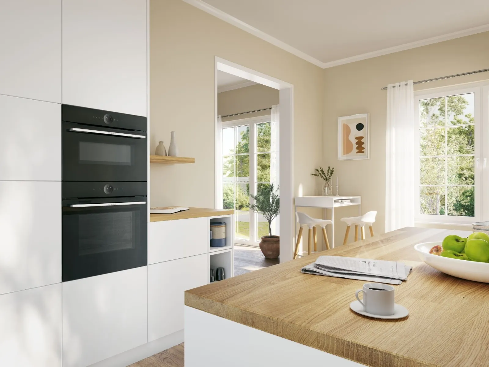 Bright open kitchen with two Bosch built in cooking appliances in cabinet