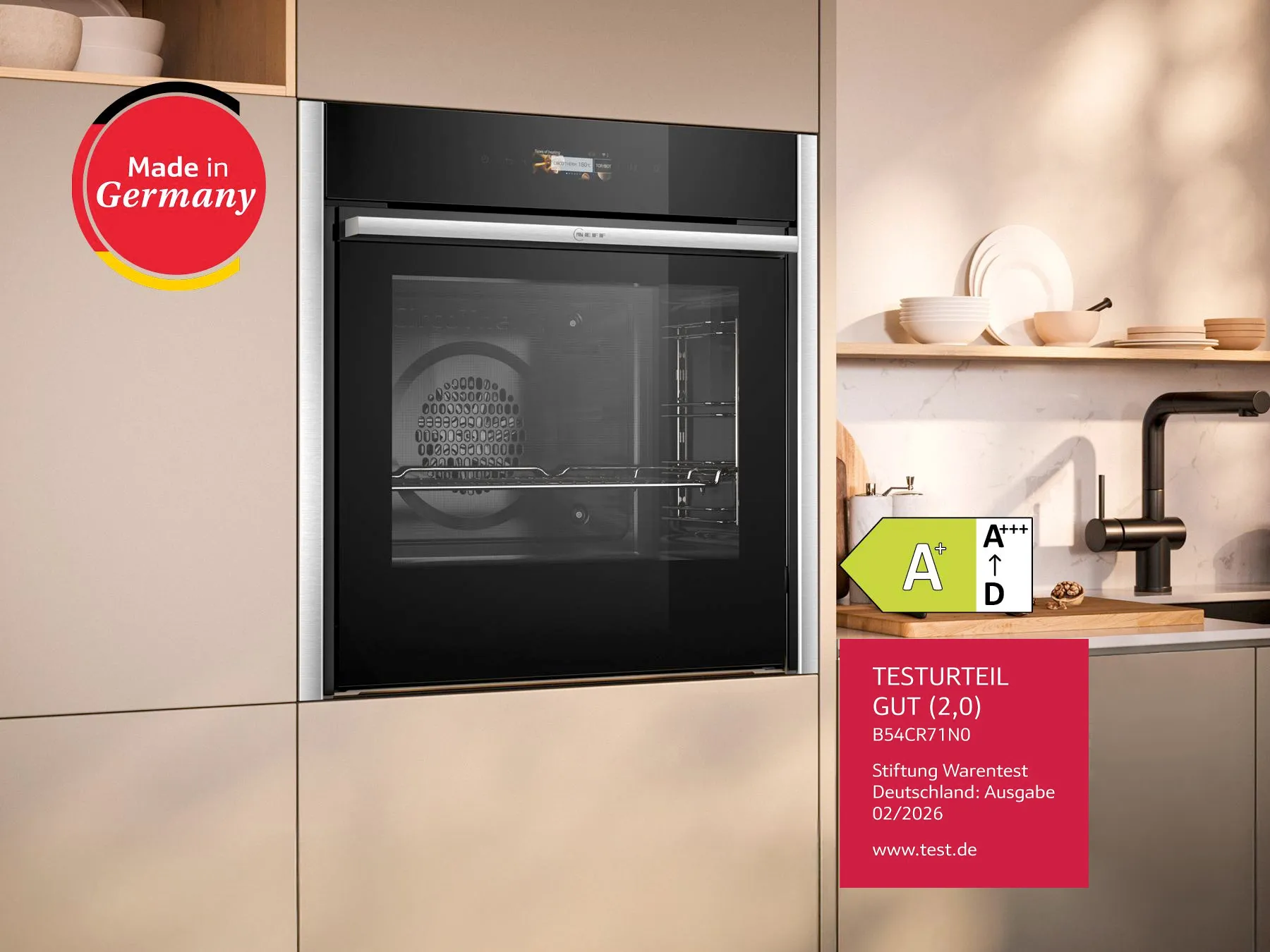 NEFF Einbaubackofen B54CR71N0 mit Stiftung Warentest, Energieeffizienzklasse und Made in Germany