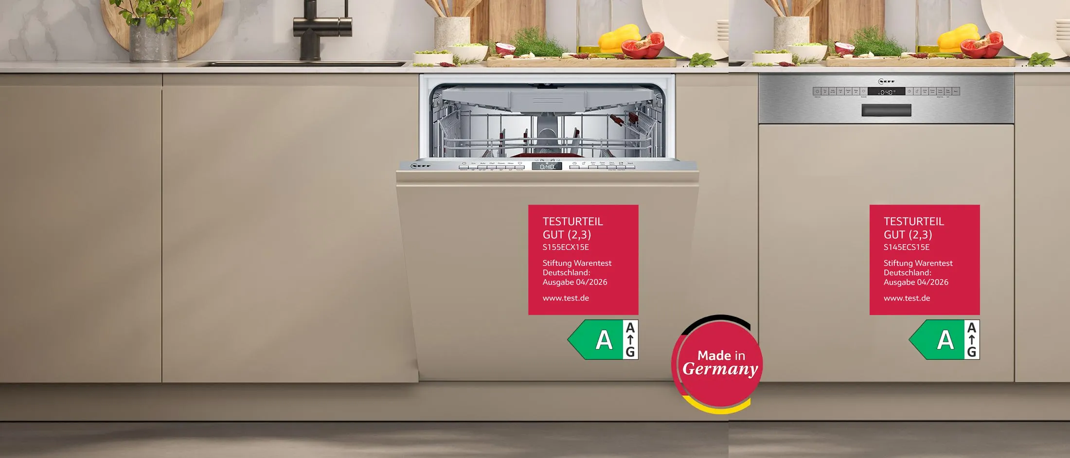 NEFF Geschirrspüler S155ECX15E und S145ECS15E im Geschirrspüler Test 2026 mit Stiftung Warentest Bewertung GUT (2,3), Energieeffizienzklasse A und Made in Germany