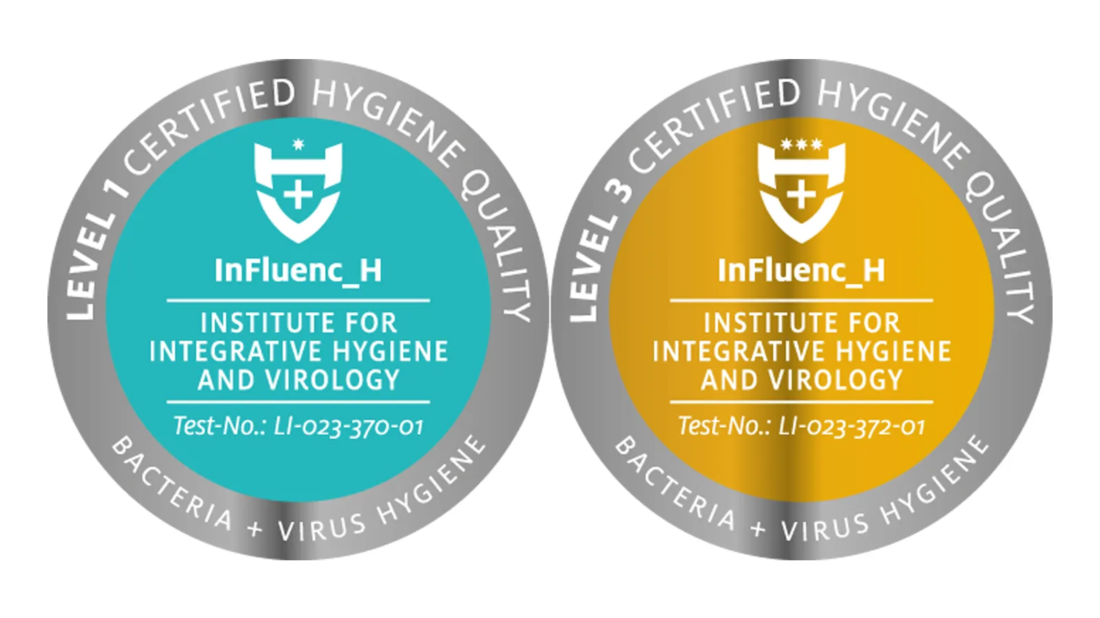 Offizielle Hygiene-Siegel des Instituts für integrative Hygiene und Virologie für Stufe 1 (türkis) und Stufe 3 (gold).