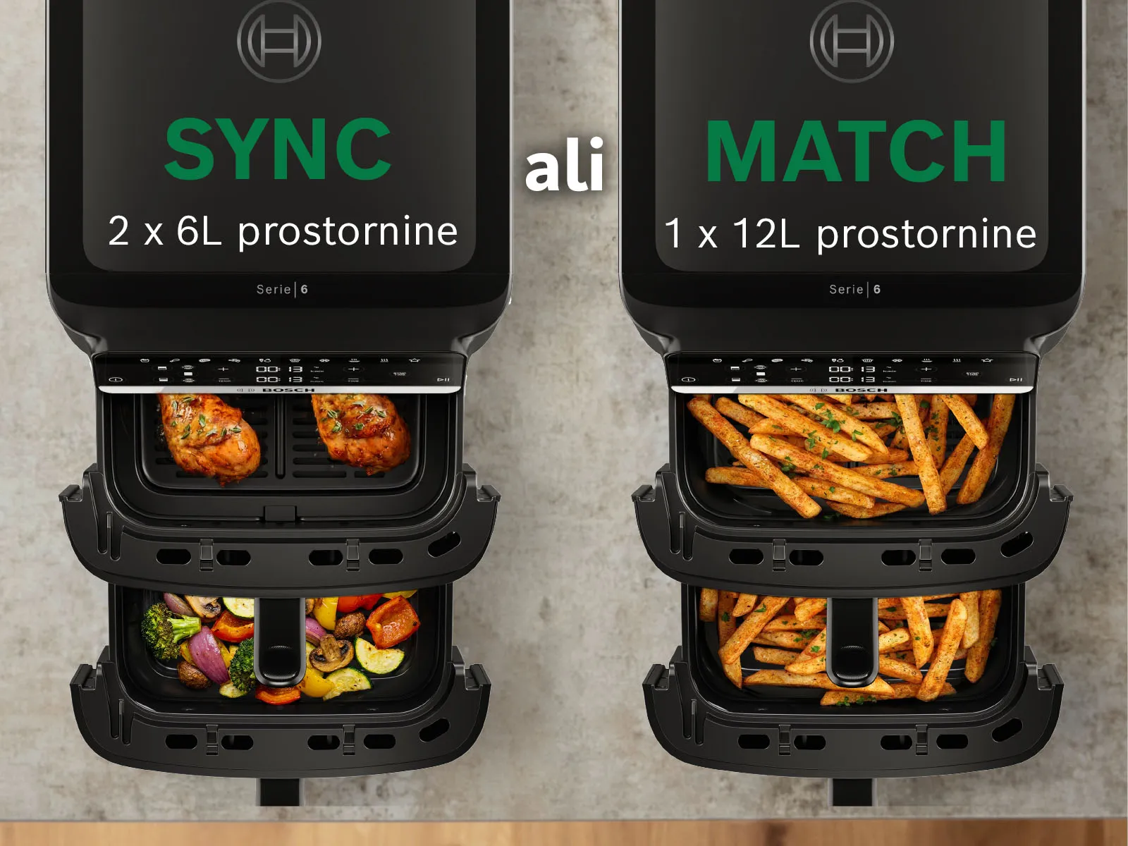Na predalu Bosch Series 6 Double Stack sta prikazani funkciji SYNC in MATCH.