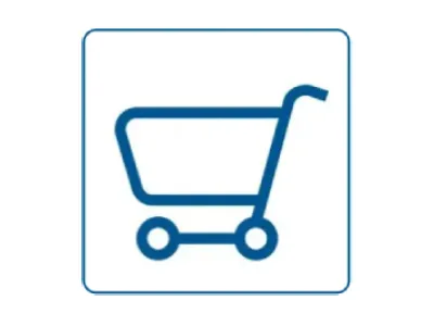 Blaues Einkaufswagen-Symbol auf weißem Hintergrund.
