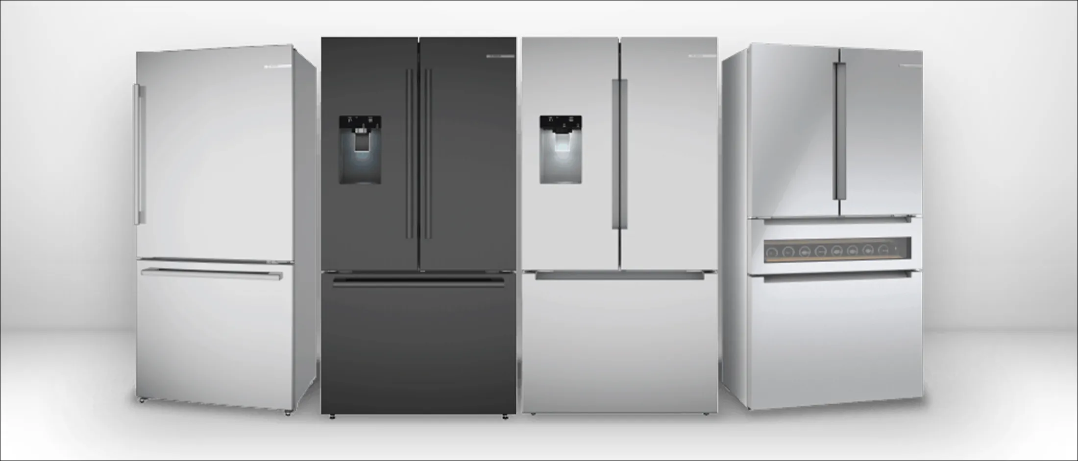 Four modern refrigerators in silver, black, and stainless steel finishes, featuring bottom freezers and water dispensers.